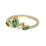 9ct Yellow Gold Marquise Cut Emerald & Diamond Tiara Ring With Milgrain Edges
