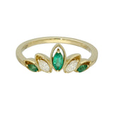9ct Yellow Gold Marquise Cut Emerald & Diamond Tiara Ring With Milgrain Edges
