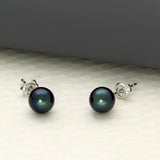 9ct White Gold 6mm Round Dark Green Cultured Akoya Pearl Stud Earrings