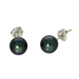 9ct White Gold 6mm Round Dark Green Cultured Akoya Pearl Stud Earrings
