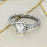 Platinum 0.51ct  Emerald Cut Diamond Halo Ring with Diamond Shoulders
