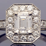 Platinum 0.83ct E VS1 Emerald Cut Certificated Diamond & Round Diamond Art Deco Style Cluster Ring