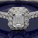18ct White Gold 0.30ct G VVS2 Certificated Emerald Cut Diamond & Round Diamond Halo Ring