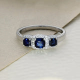 Platinum Cushion Cut Sapphire 3 Stone Diamond Halo Cluster Ring