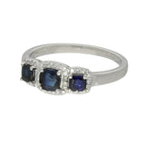Platinum Cushion Cut Sapphire 3 Stone Diamond Halo Cluster Ring