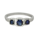 Platinum Cushion Cut Sapphire 3 Stone Diamond Halo Cluster Ring