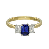 18ct Yellow Gold 0.61ct Emerald Cut Sapphire and 0.49ct Diamond 3 Stone Ring