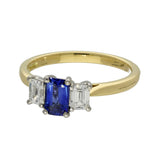 18ct Yellow Gold 0.61ct Emerald Cut Sapphire and 0.49ct Diamond 3 Stone Ring
