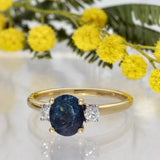 18ct Yellow Gold Teal Indicolite Tourmaline & Diamond Trilogy Ring