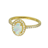 18ct Yellow Gold 0.50ct Oval Opal and Diamond Halo Shoulders Ring