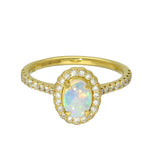 18ct Yellow Gold 0.50ct Oval Opal and Diamond Halo Shoulders Ring