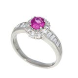 Platinum Pink Sapphire and Diamond Halo Ring with Baguette Shoulders