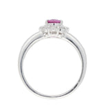 Platinum Pink Sapphire and Diamond Halo Ring with Baguette Shoulders