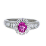 Platinum Pink Sapphire and Diamond Halo Ring with Baguette Shoulders