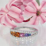 18ct White Gold Graduated Rainbow Sapphire and Diamond Half Eternity Ring