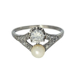 Vintage Platinum Toi et Moi Two Stone Diamond & Pearl Ring