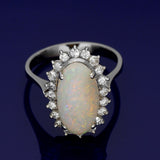 Pre-owned 14ct White Gold Large Opal & Diamond Oval Cluster Ring