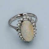Pre-owned 14ct White Gold Large Opal & Diamond Oval Cluster Ring