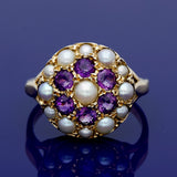 9ct Yellow Gold Amethyst and Seed Pearl Cluster Dress Ring