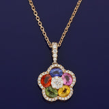 18ct Rose Gold Oval Cut Rainbow Sapphires & Diamond Flower Pendant on 18" Chain