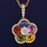 18ct Rose Gold Oval Cut Rainbow Sapphires & Diamond Flower Pendant on 18" Chain