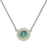 Platinum & 18ct Gold Large Natural Blue Zircon & With Diamond Halo Necklace 18"