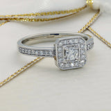 9ct White Gold Diamond Halo Cluster Ring with Diamond Set Shoulders
