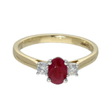 9ct Yellow Gold Oval Ruby & Diamond 3 Stone Ring