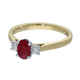 9ct Yellow Gold Oval Ruby & Diamond 3 Stone Ring