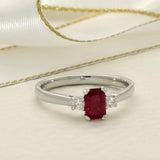 9ct White Gold Emerald Cut Ruby and Diamond 3 Stone Ring
