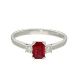 9ct White Gold Emerald Cut Ruby and Diamond 3 Stone Ring