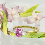 18ct Yellow Gold Oval 0.84ct Pink Sapphire and 0.20ct Diamond Trilogy Ring