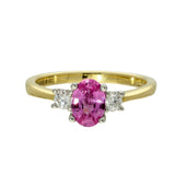 18ct Yellow Gold Oval 0.84ct Pink Sapphire and 0.20ct Diamond Trilogy Ring