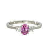 Platinum Oval 0.75ct Pink Sapphire and Diamond Trilogy Ring