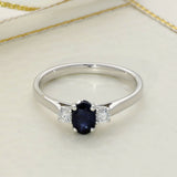 9ct White Gold 0.61ct Oval Sapphire and Diamond 3 Stone Ring