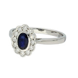 9ct White Gold Oval Sapphire and Diamond Scallop Edge Halo Ring