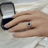 9ct White Gold Oval Sapphire and Diamond Scallop Edge Halo Ring