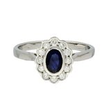 9ct White Gold Oval Sapphire and Diamond Scallop Edge Halo Ring