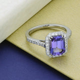Platinum 2.68ct Emerald Cut Tanzanite Ring With Diamond Halo & Shoulders