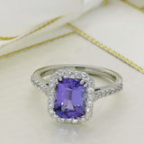 Platinum 2.68ct Emerald Cut Tanzanite Ring With Diamond Halo & Shoulders