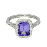 Platinum 2.68ct Emerald Cut Tanzanite Ring With Diamond Halo & Shoulders