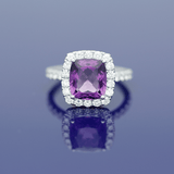 18ct White Gold Cushion Cut Amethyst and Diamond Halo Ring