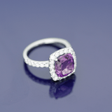18ct White Gold Cushion Cut Amethyst and Diamond Halo Ring