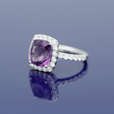 18ct White Gold Cushion Cut Amethyst and Diamond Halo Ring