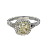 18ct White Gold Natural Yellow Diamond and White Diamond Halo Shoulders Ring