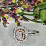 Platinum & 18ct Rose Gold 0.50ct H VS1 Emerald Cut Diamond & Pink Diamond Halo Ring