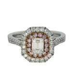 Platinum & 18ct Rose Gold 0.50ct H VS1 Emerald Cut Diamond & Pink Diamond Halo Ring