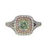 18ct White & Rose Gold 1.22ct Cushion Cut Green Diamond with Pink & White Diamond Halo Ring