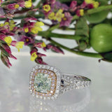 18ct White & Rose Gold 1.22ct Cushion Cut Green Diamond with Pink & White Diamond Halo Ring