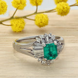 Platinum Emerald & Diamond Ballerina Cluster Cocktail Ring